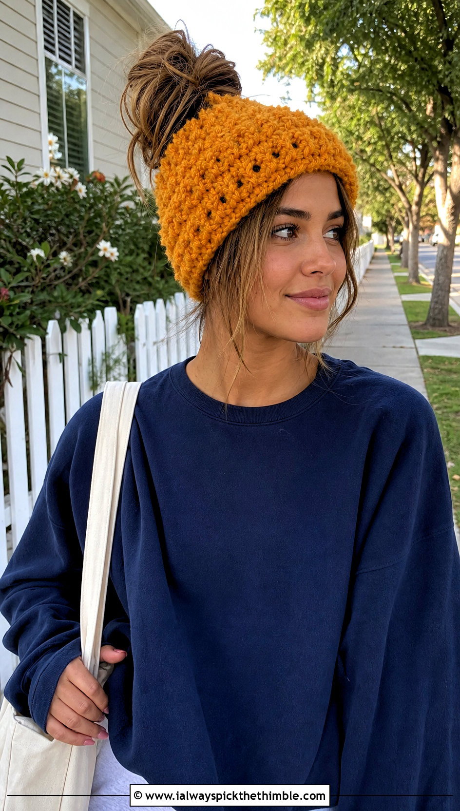 Messy Bun Fluffy Crochet Beanie With Leggings - 20 fluffy crochet beanie outfit ideas