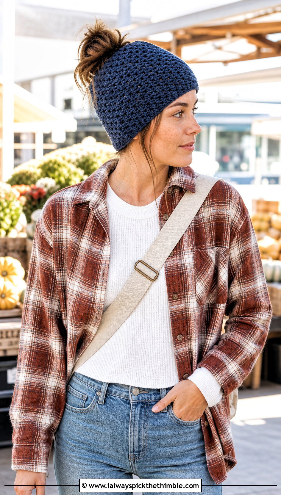 Messy Bun Half Double Crochet Hat With Flannel Shirt And Jeans - 20 Half Double Crochet Hat outfit ideas