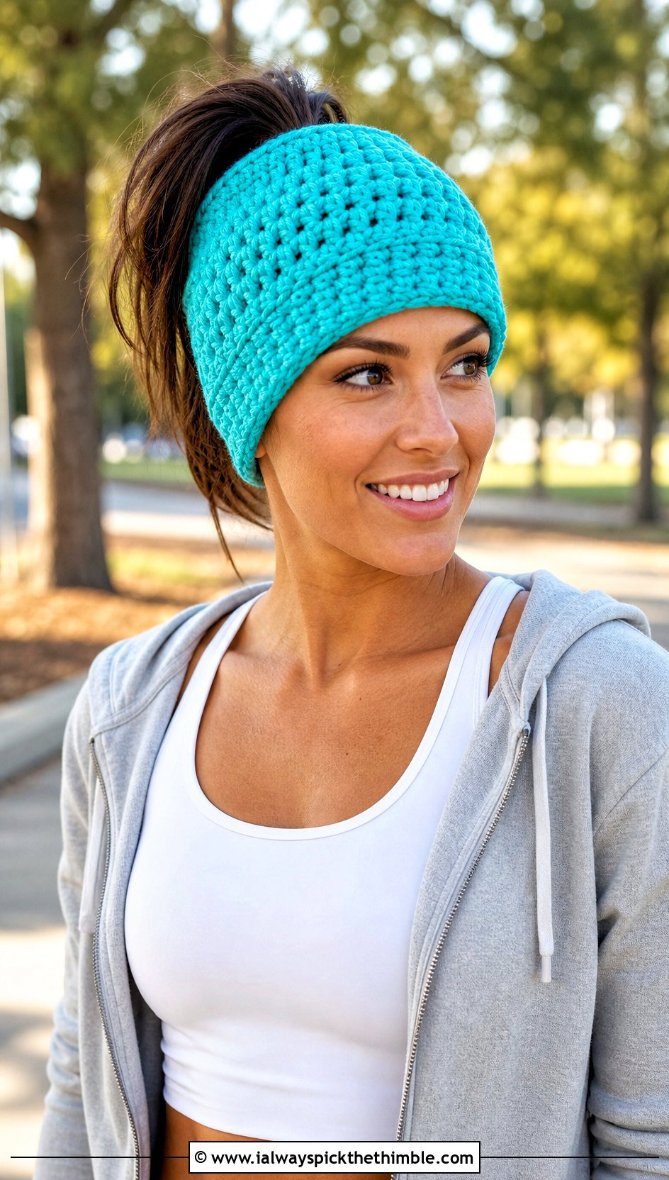 Messy Bun Magic Circle Crochet Beanie With Athleisure - 20 Magic Circle Crochet Hat outfit ideas