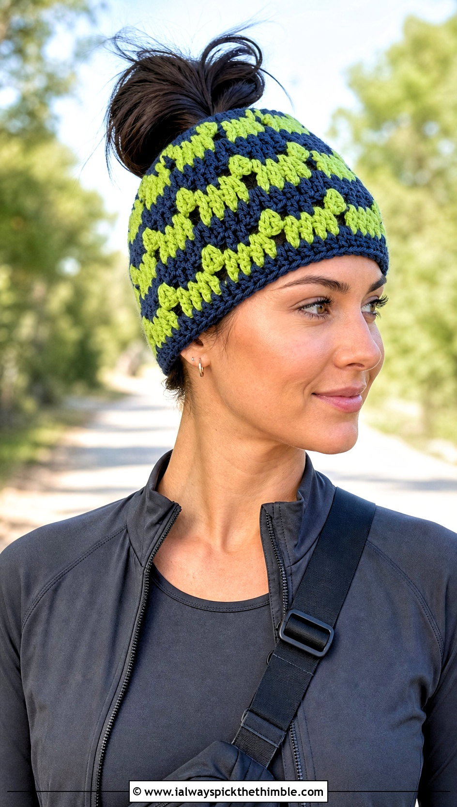 Messy Bun Mandala Crochet Beanie With Athleisure Set - 20 Mandala Crochet Beanie outfit ideas