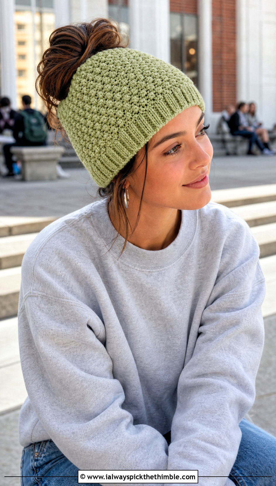 Messy Bun Moss Stitch Hat With Denim Maxi Skirt - 20 Crochet Moss Stitch Hat outfit ideas