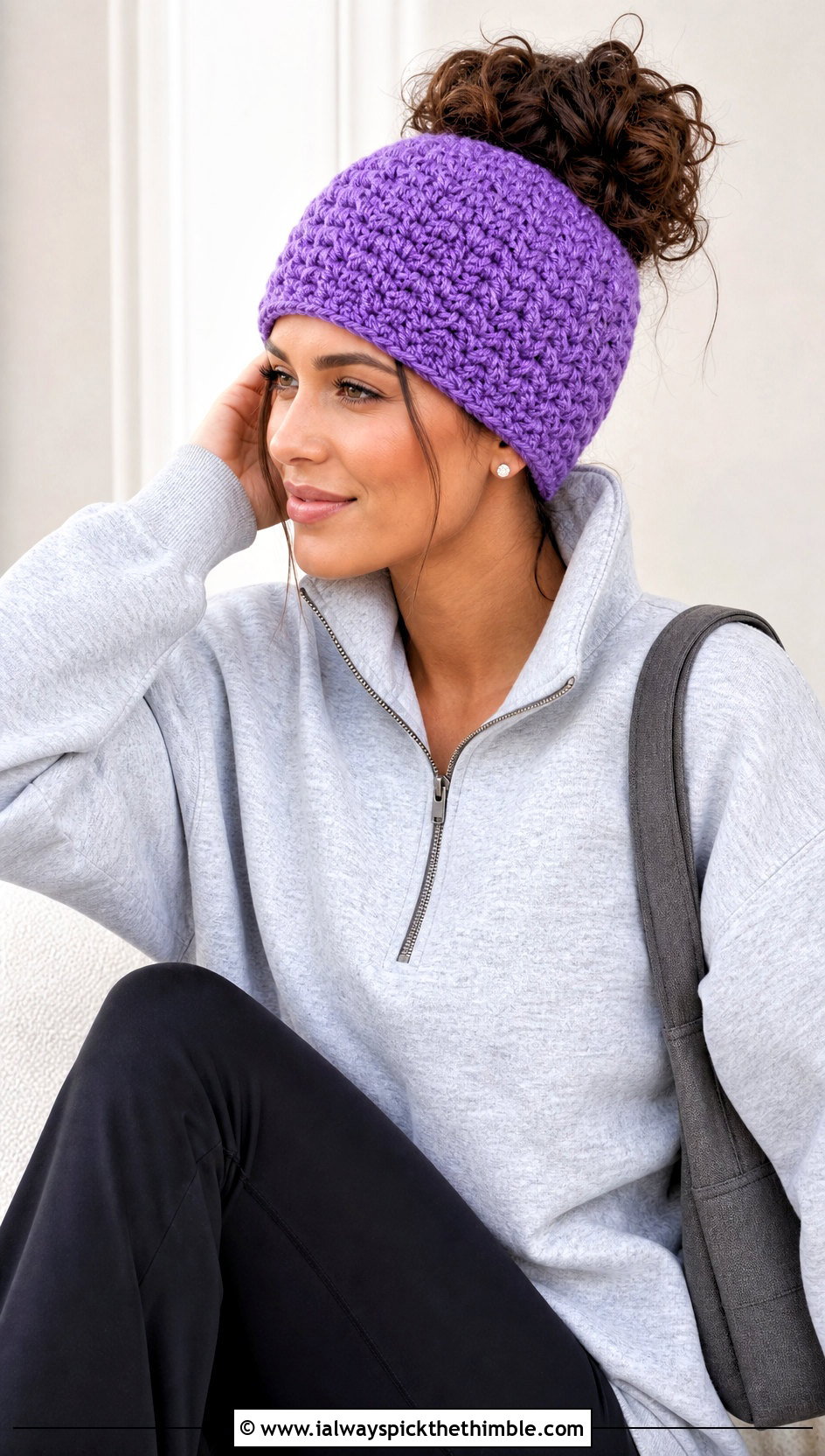 Messy Bun One Skein Crochet Hat With Sweatshirt And Flared Leggings - 20 one skein crochet hat outfit ideas