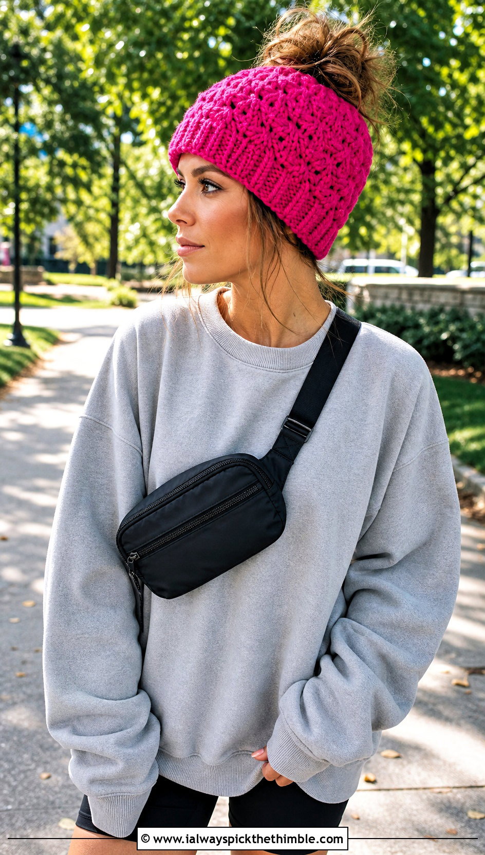 Messy Bun Shell Stitch Beanie With Sweatshirt And Biker Shorts - 20 shell crochet beanie outfit ideas