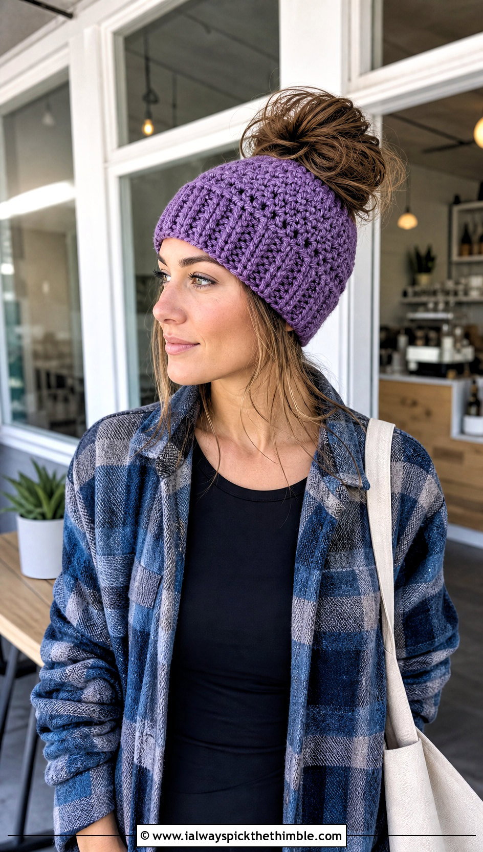 Messy Bun Top Down Crochet Beanie With Shacket And Leggings - 25 top down crochet beanie outfit ideas