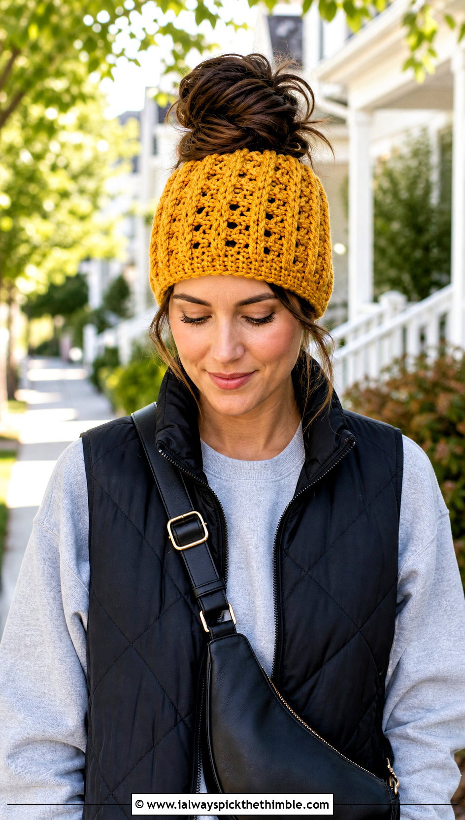 Messy Bun Waffle Crochet Hat With Quilted Vest - 20 Waffle Crochet Hat outfit ideas