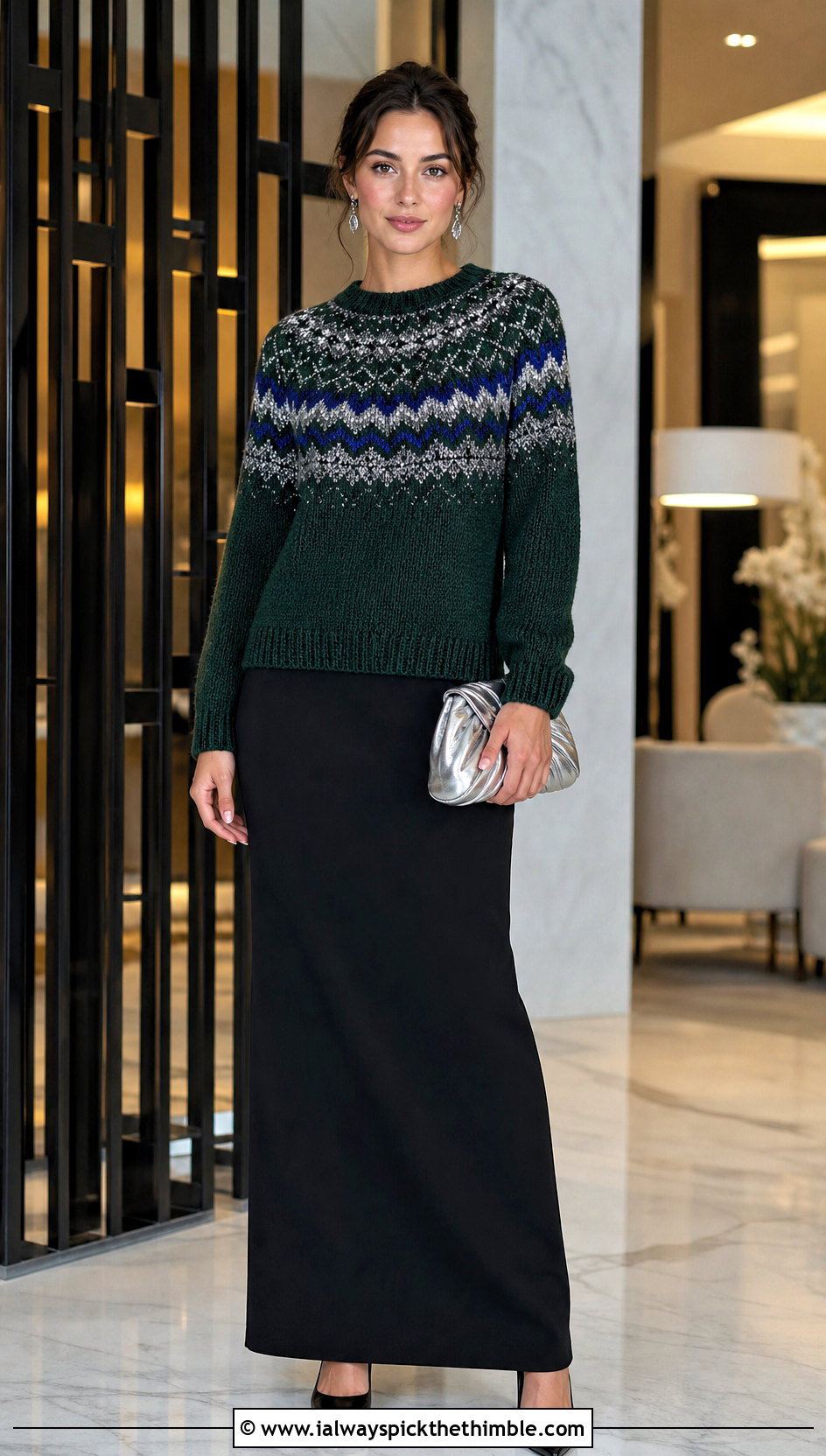 Metallic Accent Crochet Fairisle Sweater With Black Maxi Skirt - 15 Crochet Fairisle Sweater outfit ideas