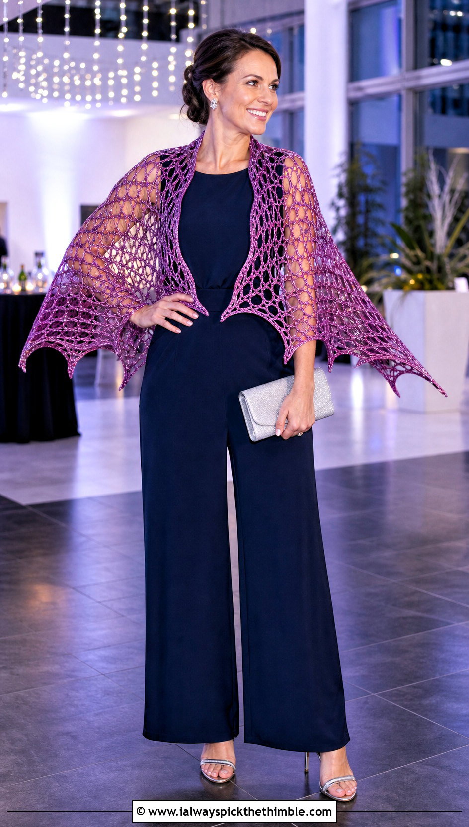 Metallic Bat Wing Crochet Shawl With Jumpsuit - 20 bat wing crochet shawl outfit ideas