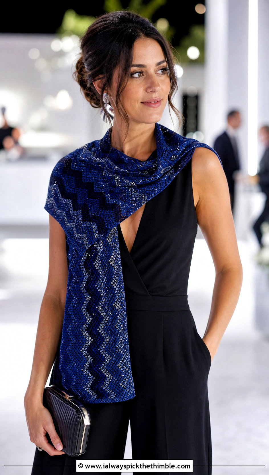Metallic Chevron Zig Zag Crochet Scarf With Evening Jumpsuit - 20 Zig Zag Crochet Scarf outfit ideas