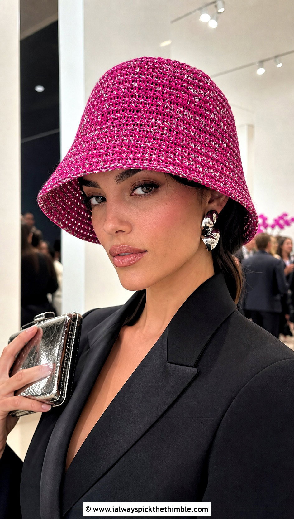 Metallic Crochet Bucket Hat With Blazer Dress - 20 Easy Crochet Bucket Hats outfit ideas