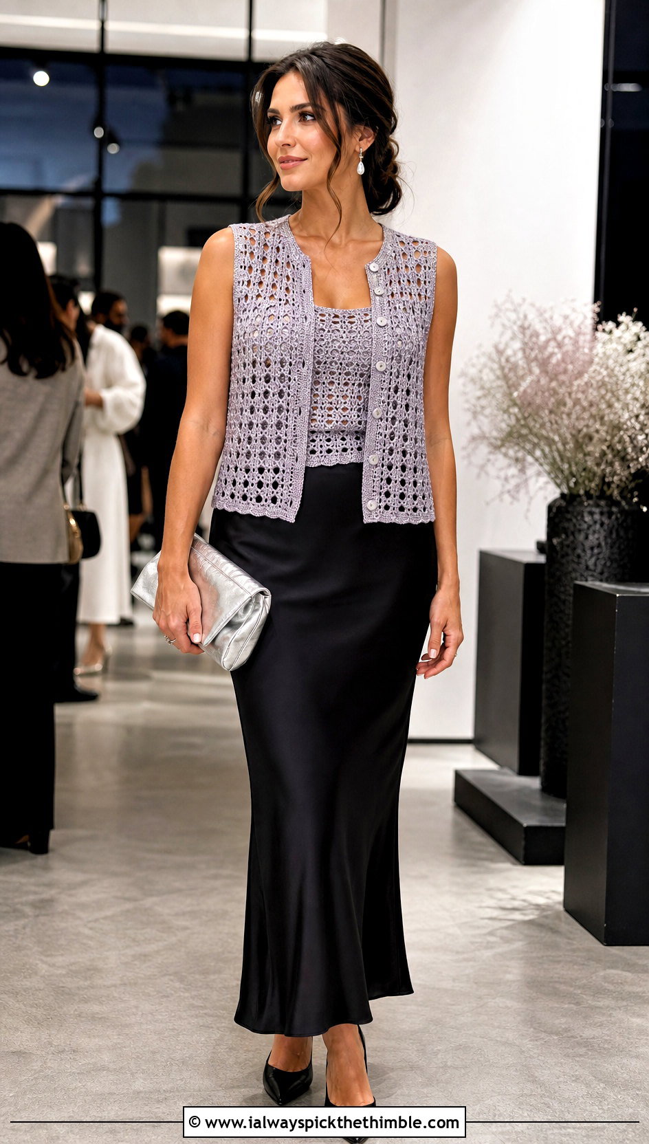 Metallic Crochet Button Vest With Black Maxi Skirt - 25 crochet button vest outfit ideas