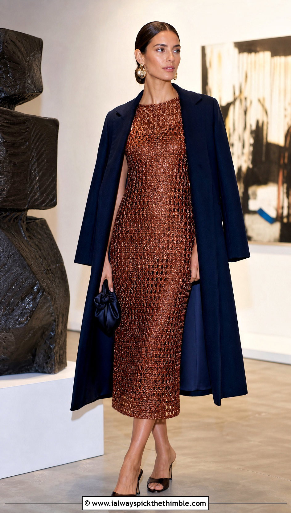 Metallic Crochet Dress With Tailored Coat And Mules - 25 Crocheting Dress outfit ideas