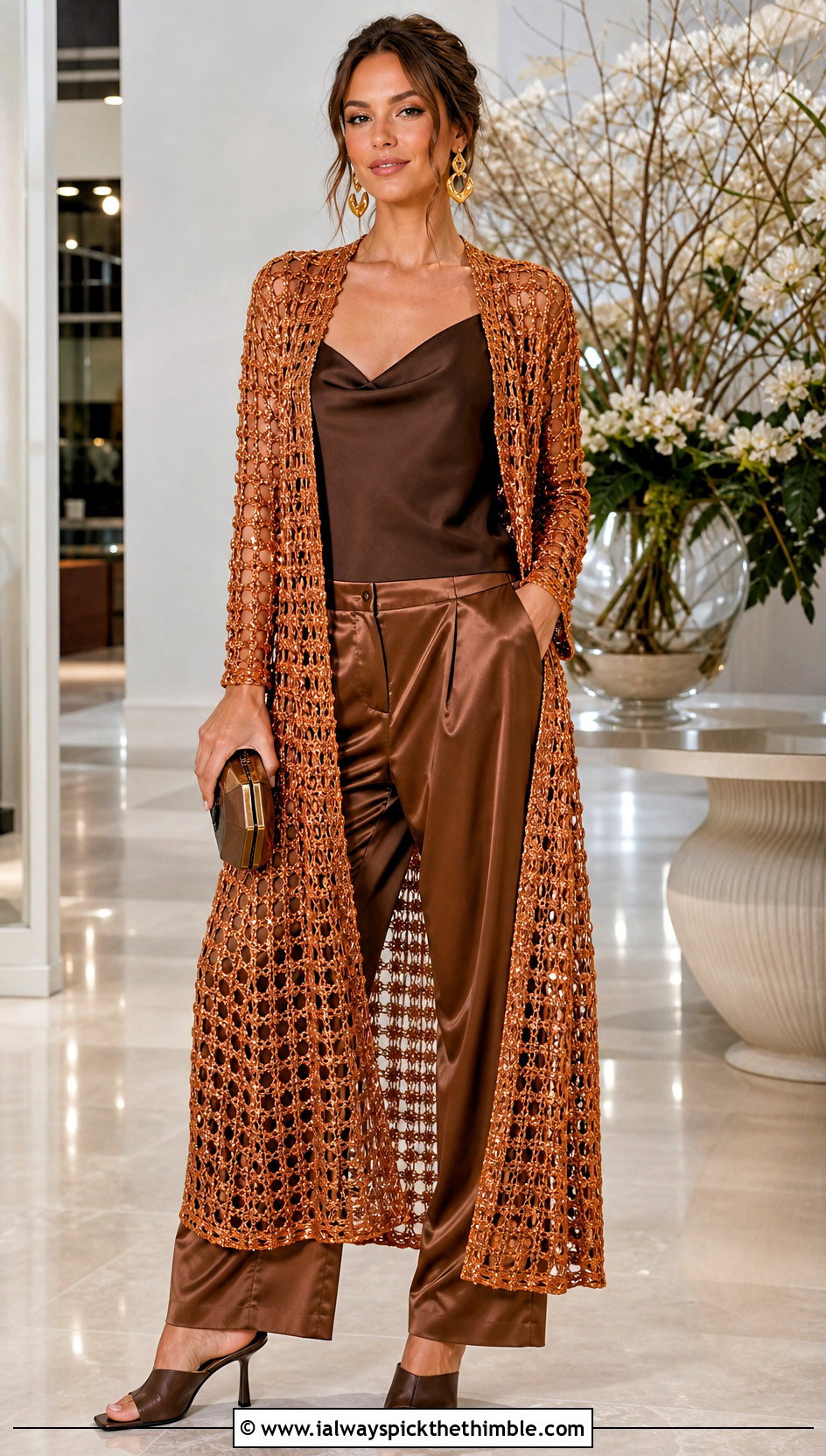 Metallic Crochet Duster With Satin Pants - 20 crochet duster outfit ideas