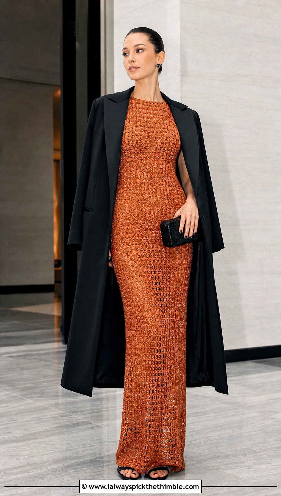 Metallic Crochet Gown With Black Accessories - 25 Formal Crochet Dress outfit ideas