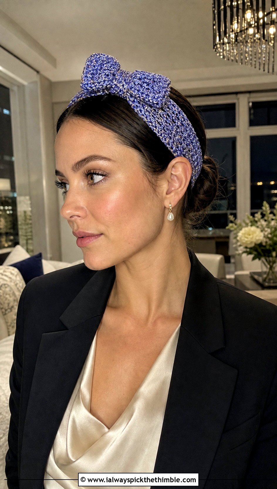 Metallic Crochet Headband With Bow And Evening Suit - 20 crochet headband with bow outfit ideas