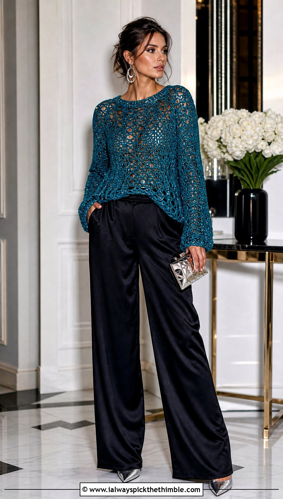 Metallic Crochet Knit Sweater With Satin Trousers - 25 Crochet Knit Sweater outfit ideas