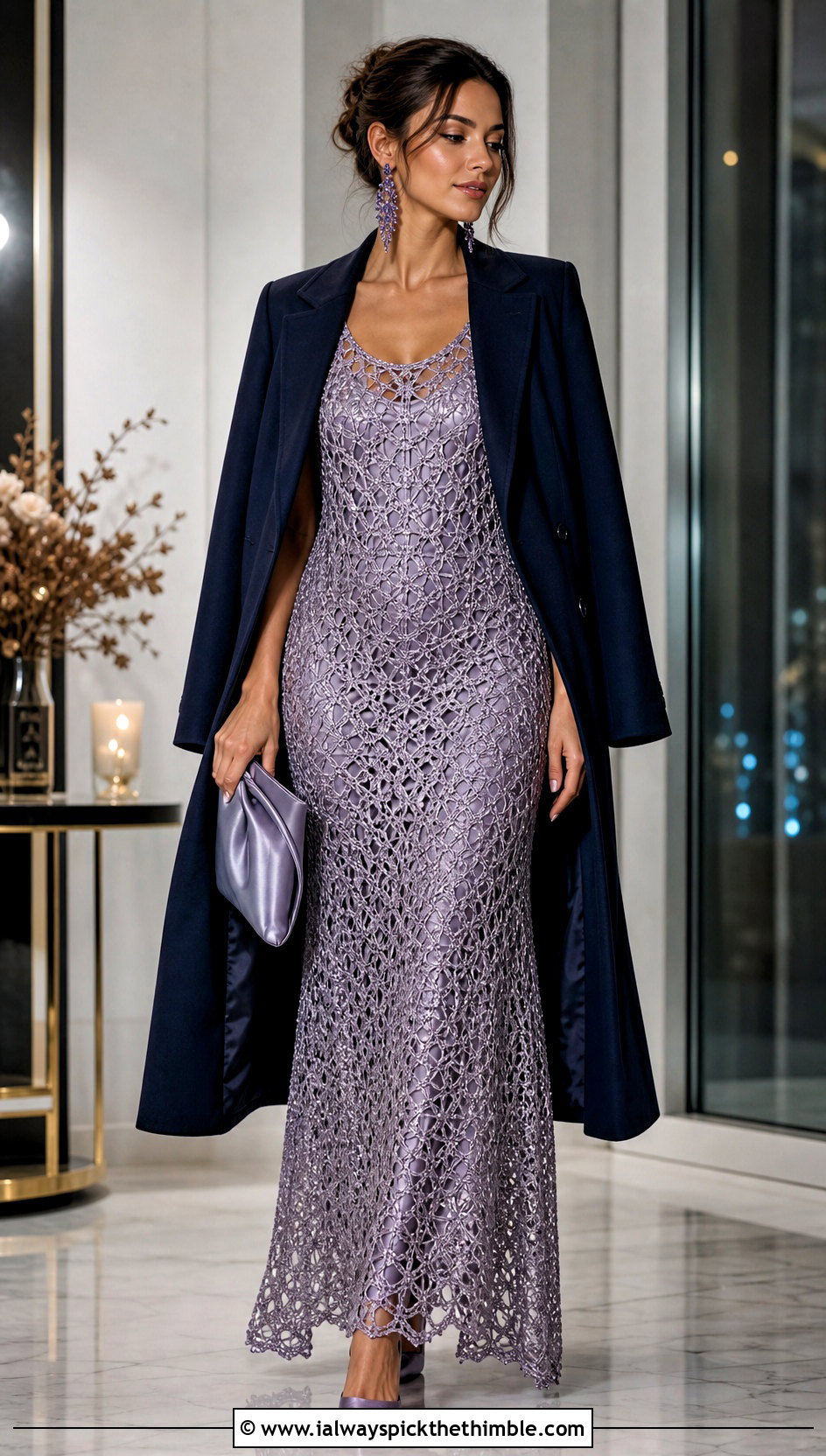 Metallic Crochet Maxi Dress With Tailored Coat For December - 15 Crochet Dress 12 Months outfit ideas
