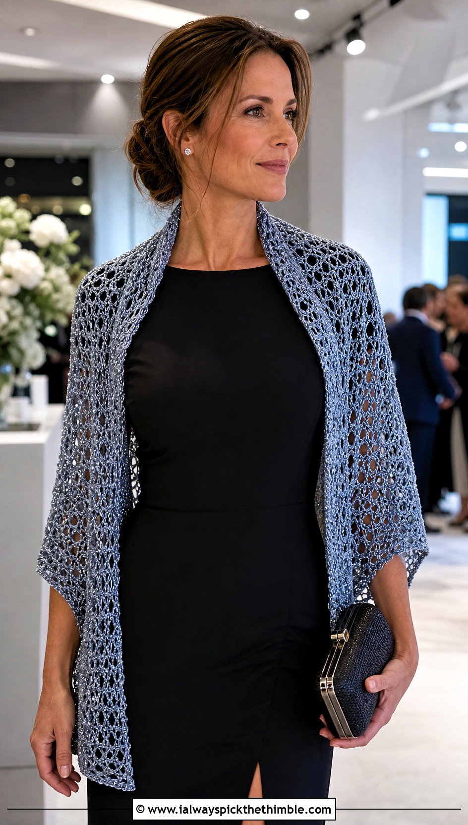 Metallic Crochet Mesh Scarf With Black Midi Dress - 20 Crochet Mesh Scarf outfit ideas