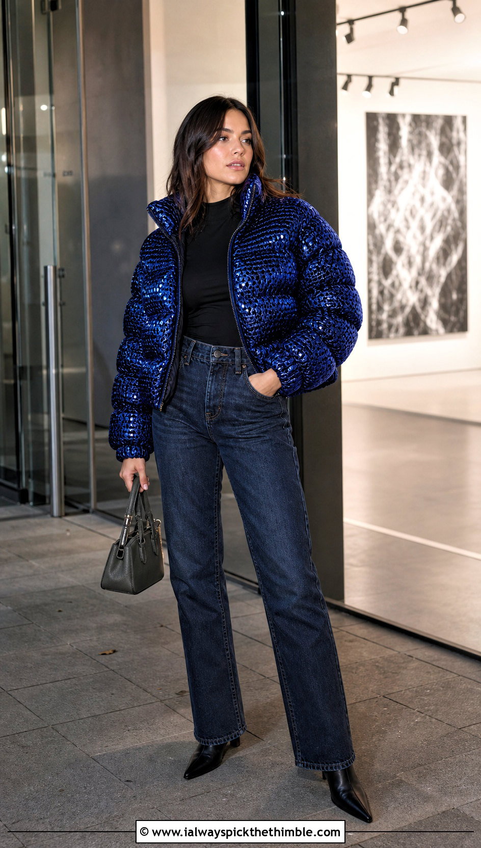 Metallic Crochet Puffer Jacket With Dark Wash Jeans - 25 crochet puffer jacket outfit ideas