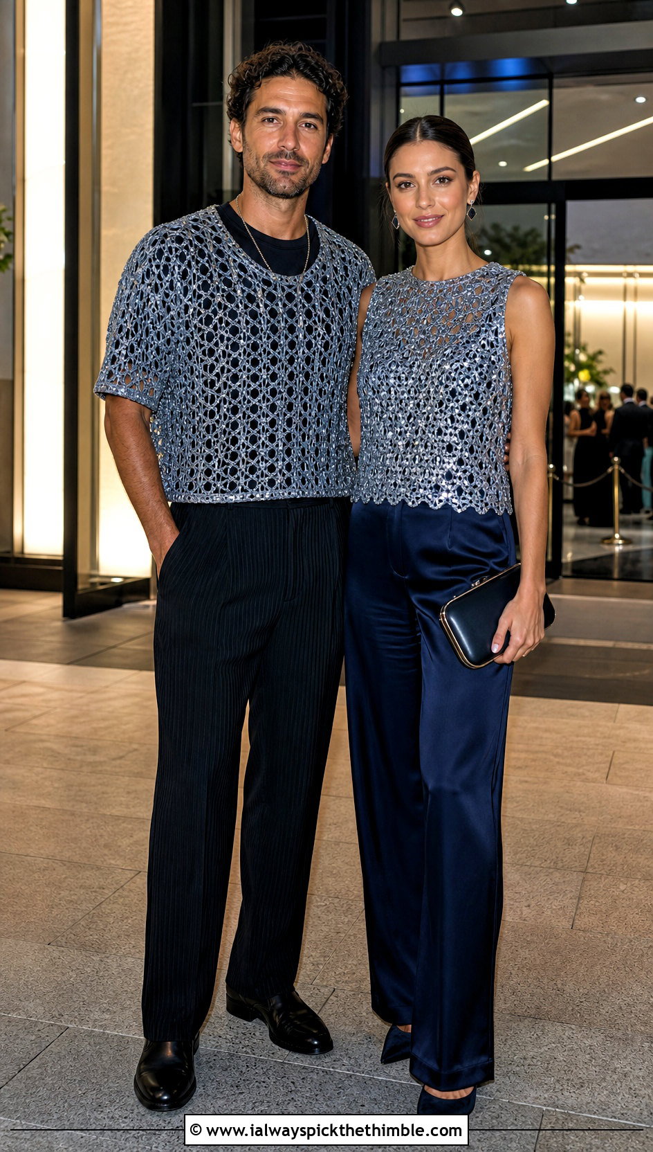 Metallic Crochet Tops With Evening Trousers - 20 couples crochet outfit ideas