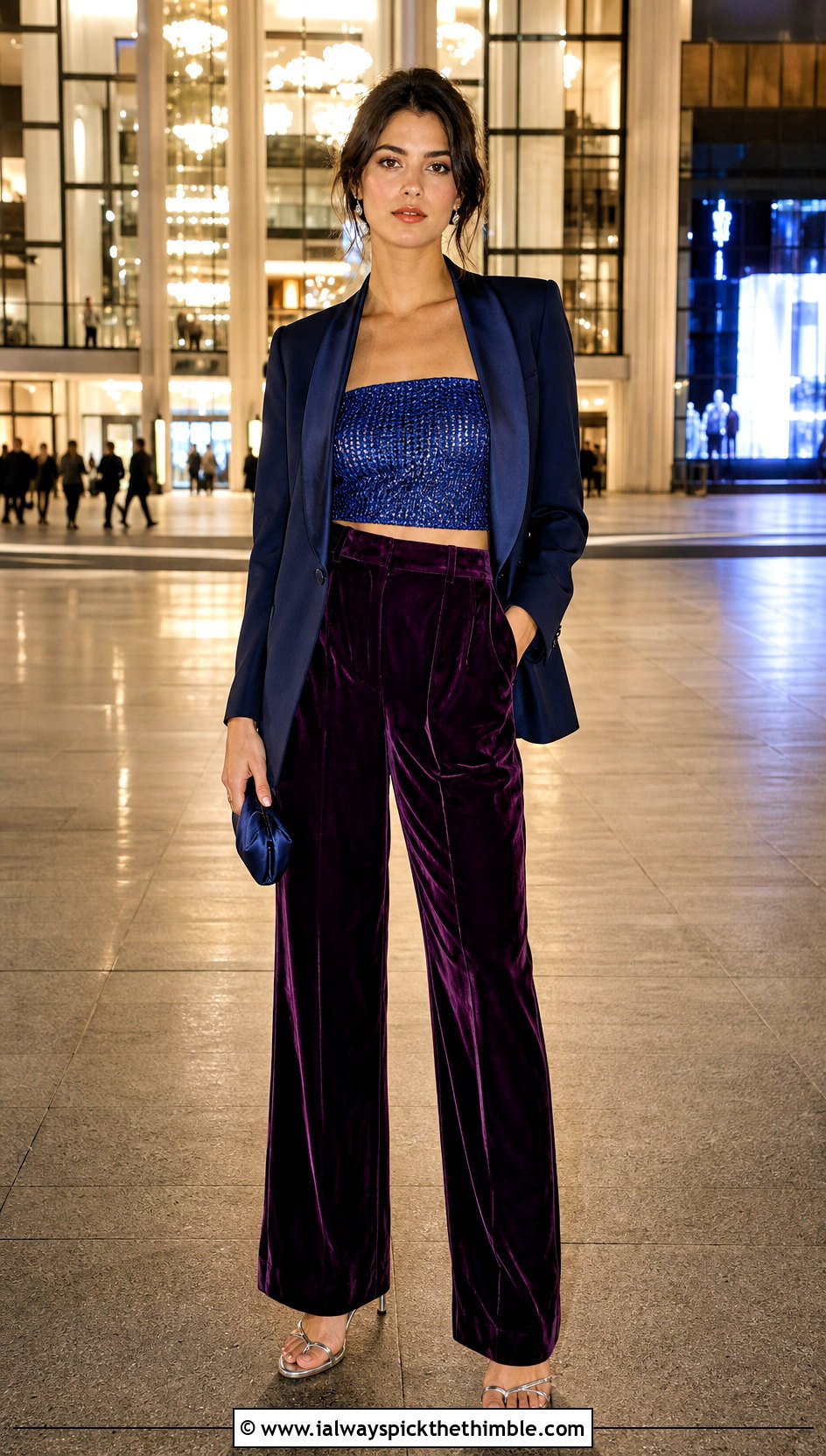 Metallic Crochet Tube Top With Velvet Trousers - 25 crochet tube top outfit ideas