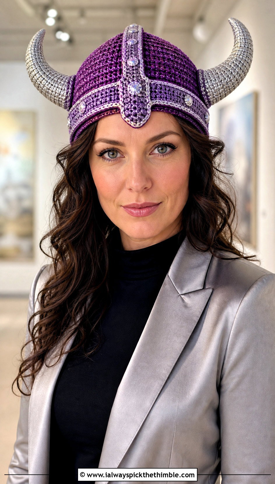 Metallic Crochet Viking Helmet With Satin Blazer - 25 crochet viking hat outfit ideas