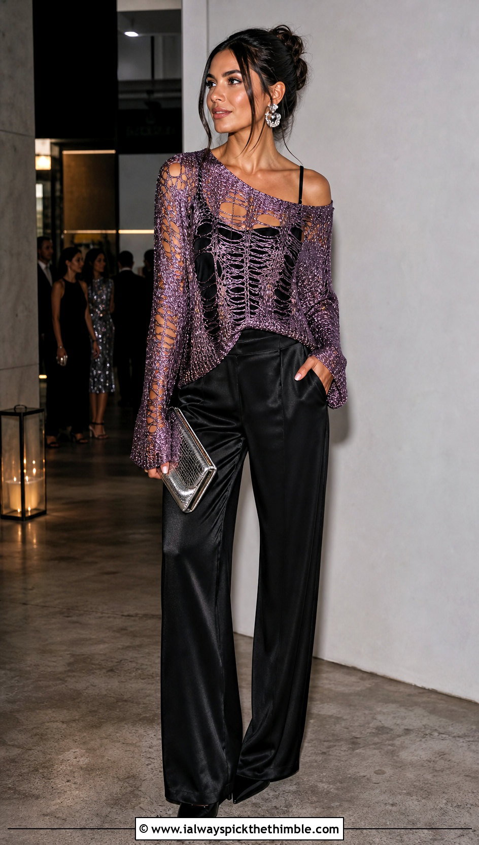 Metallic Distressed Crochet Sweater With Satin Trousers - 25 distressed crochet sweater outfit ideas