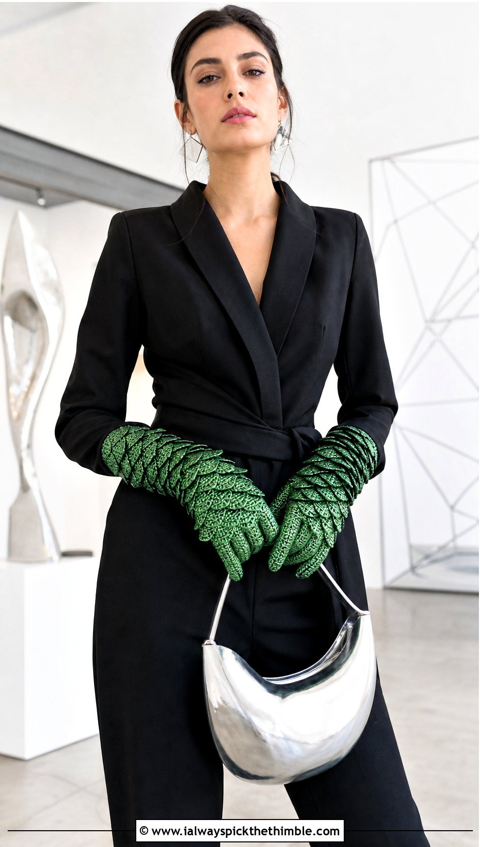 Metallic Dragon Scale Gloves With Black Jumpsuit - 20 dragon scale crochet gloves outfit ideas