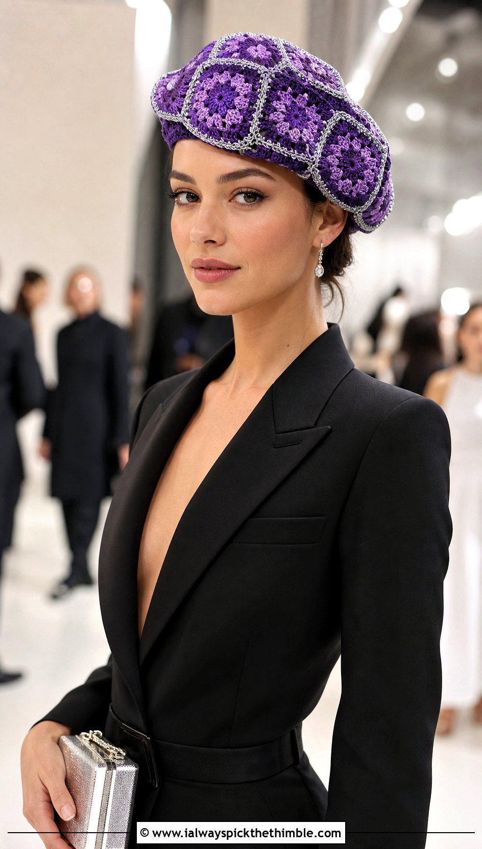 Metallic Edge Granny Square Beret With Tuxedo Jumpsuit - 20 Granny Square Beret outfit ideas