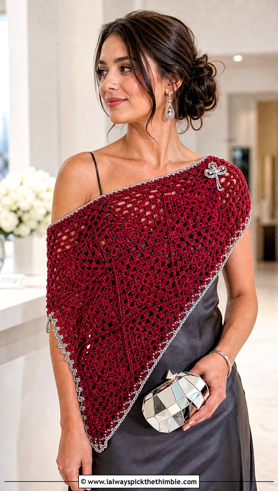 Metallic Edge Granny Square Triangle Shawl With Satin Slip Dress - 20 granny square triangle shawl outfit ideas