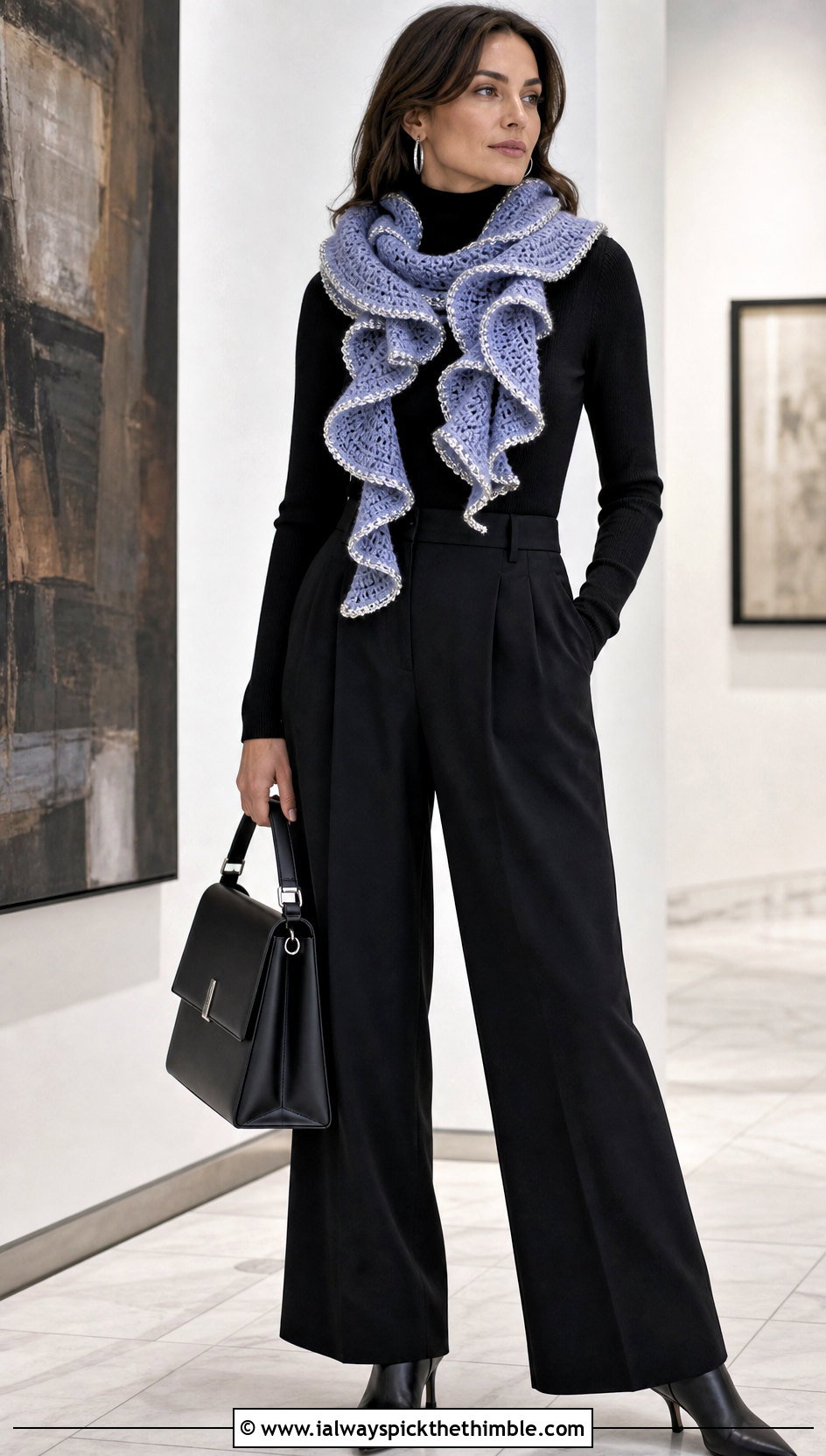Metallic Edge Spiral Crochet Scarf With All Black Outfit - 15 easy spiral crochet scarf outfit ideas