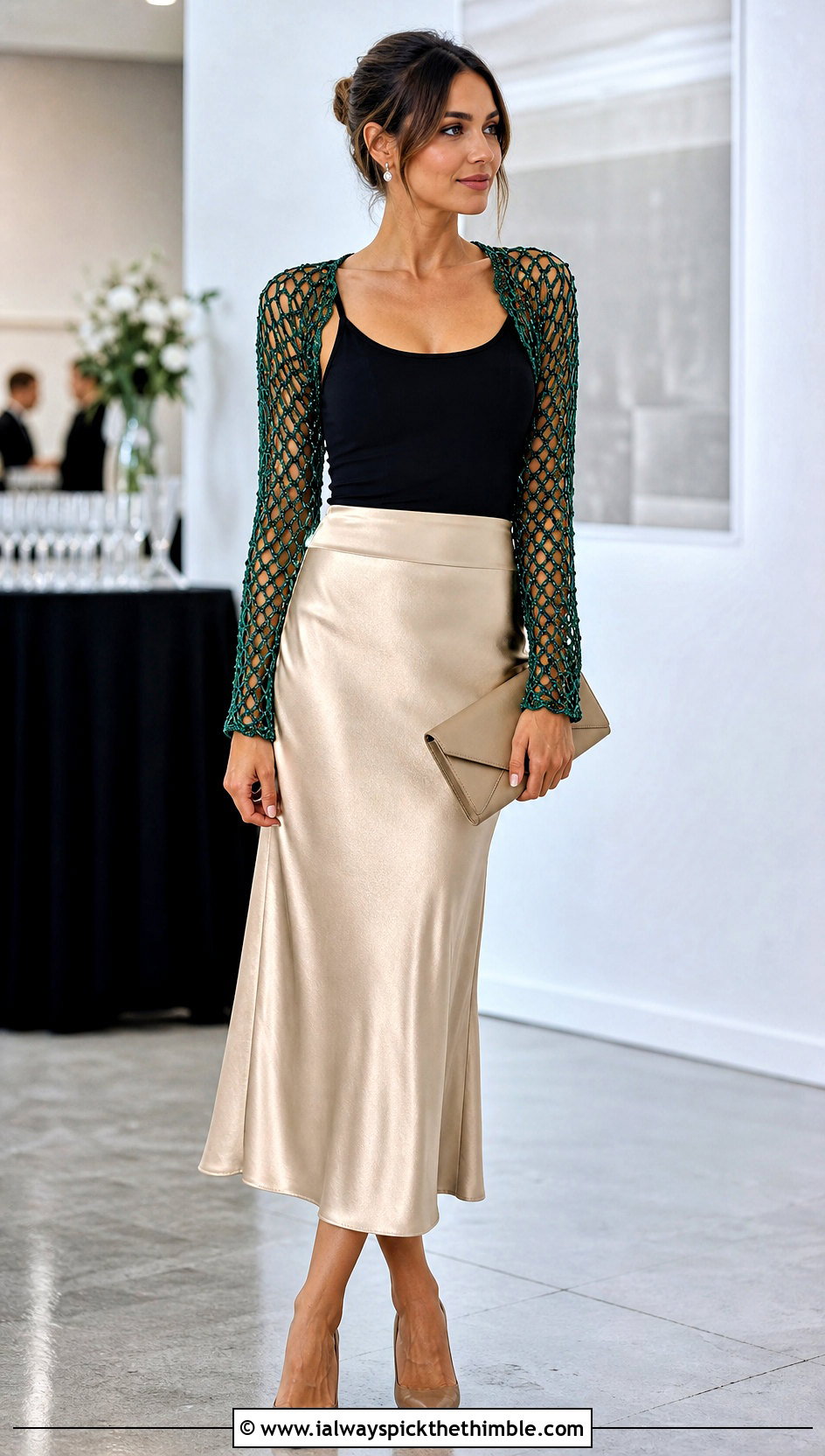 Metallic Fishnet Shrug With Satin Midi Skirt - 25 crochet fishnet shrug outfit ideas