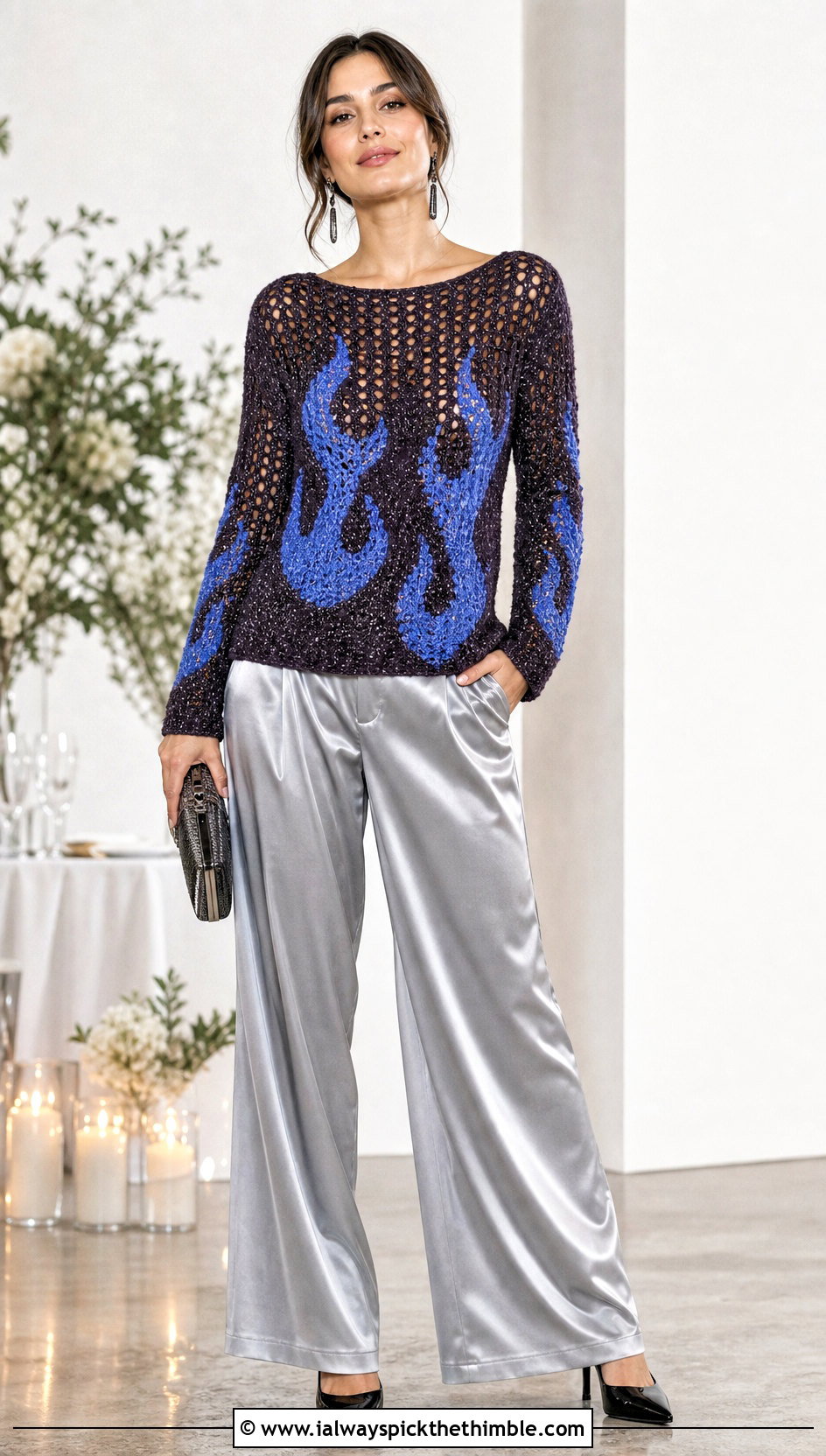 Metallic Flame Crochet Fire Sweater With Satin Trousers - 20 Crochet Fire Sweater outfit ideas