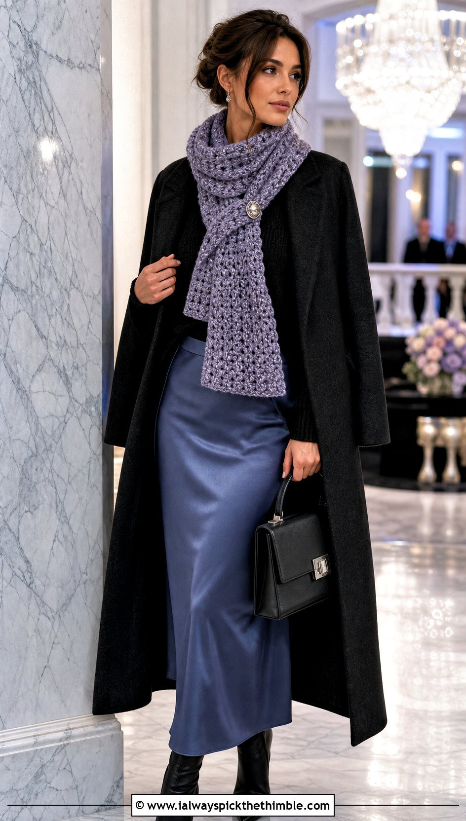 Metallic Fleck Winter Wishes Crochet Scarf With Satin Midi Skirt - 15 Winter Wishes Crochet Scarf outfit ideas