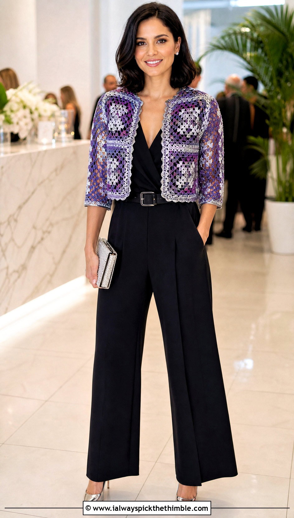 Metallic Granny Square Bolero With Jumpsuit - 25 granny square bolero outfit ideas