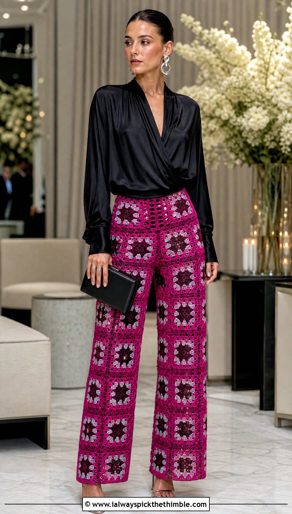 Metallic Granny Square Evening Pants With Draped Blouse - 25 granny square pants outfit ideas