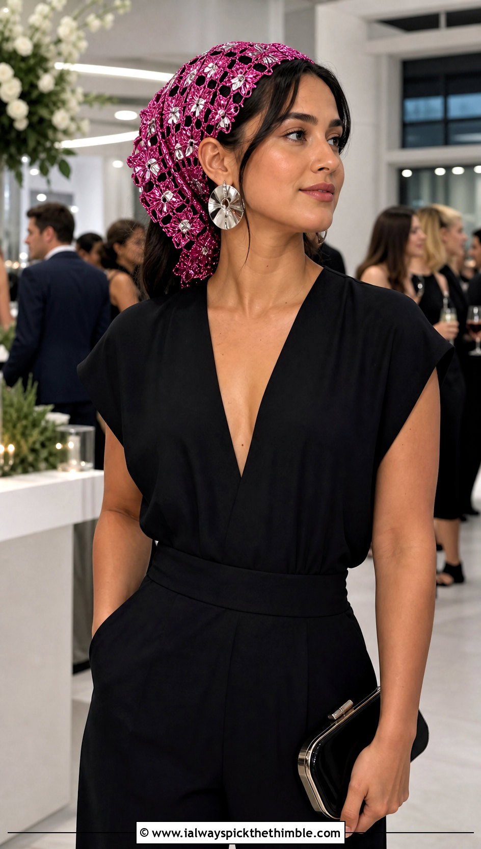 Metallic Granny Square Head Scarf With Evening Jumpsuit - 25 granny square head scarf outfit ideas
