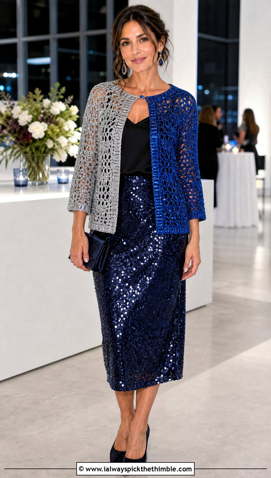 Metallic Half And Half Crochet Cardigan With Sequin Skirt - 20 Half And Half Crochet Cardigan outfit ideas