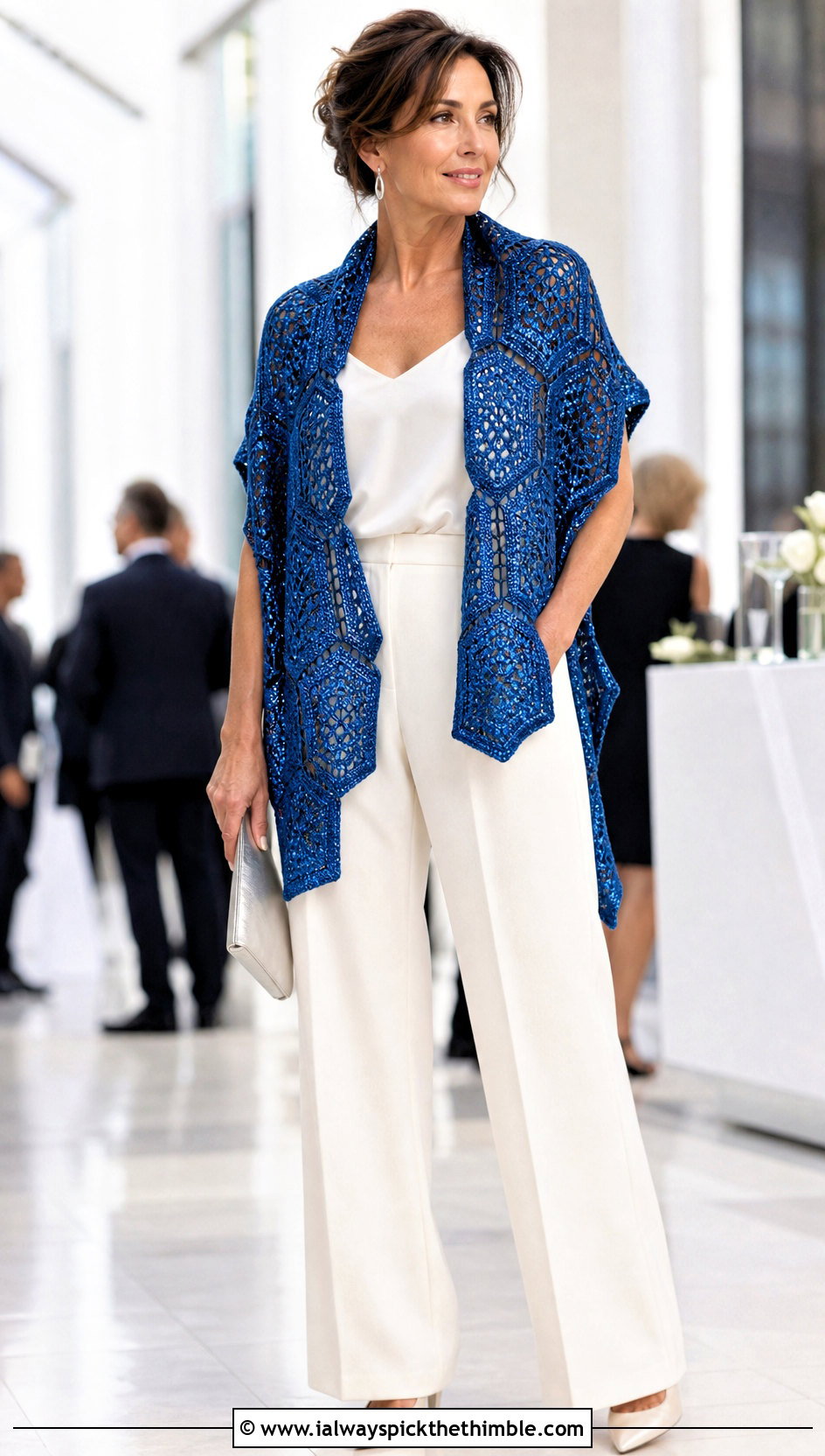 Metallic Hexagon Shawl With Wide Leg Suit - 20 Crochet Hexagon Shawl outfit ideas
