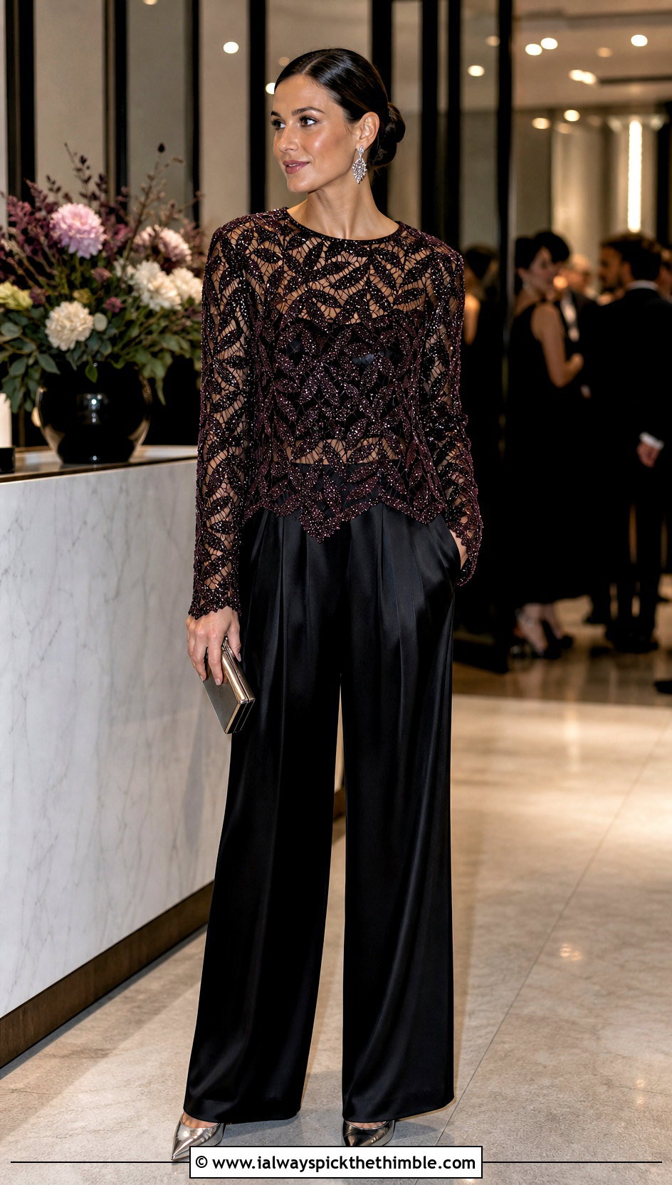 Metallic Leaf Sweater With Evening Trousers - 20 crochet leaf sweater outfit ideas