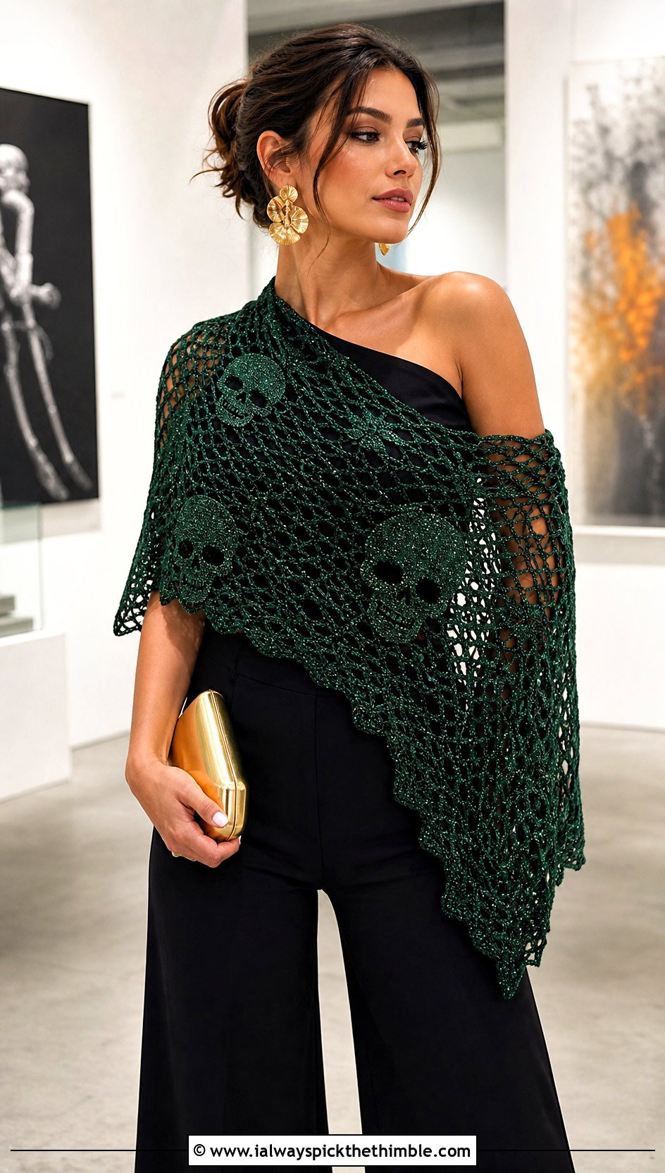 Metallic Lost Souls Shawl With Wide Leg Trousers - 25 crochet lost souls shawl outfit ideas