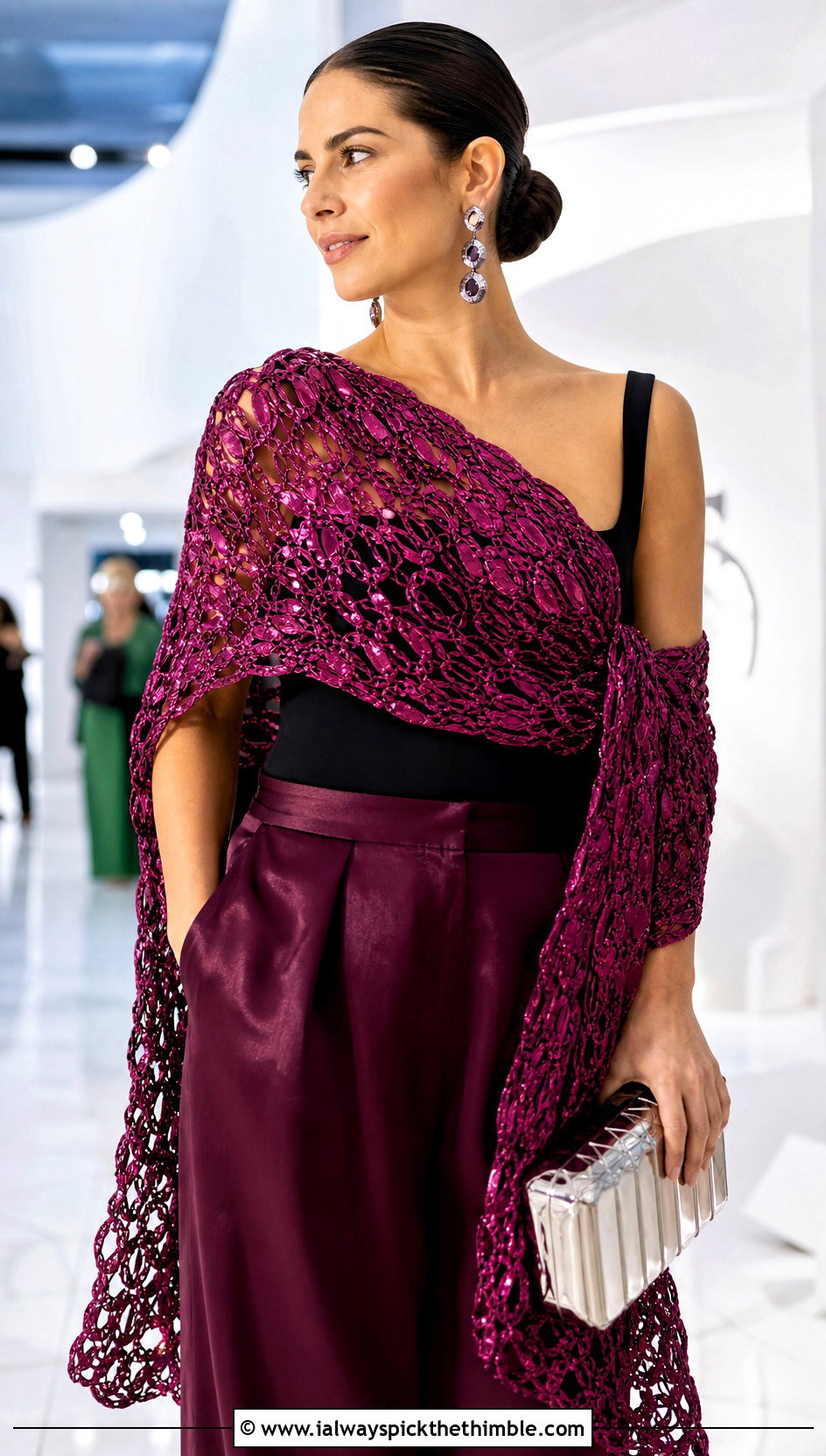Metallic Never Ending Crochet Shawl With Satin Trousers - 15 Never Ending Crochet Shawl outfit ideas