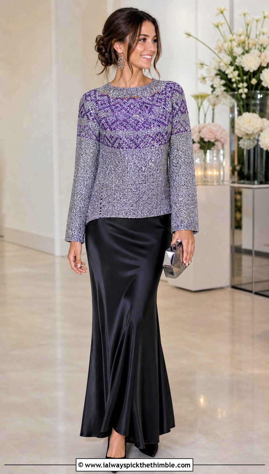 Metallic Nordic Crochet Sweater With Black Maxi Skirt - 20 nordic crochet sweater outfit ideas