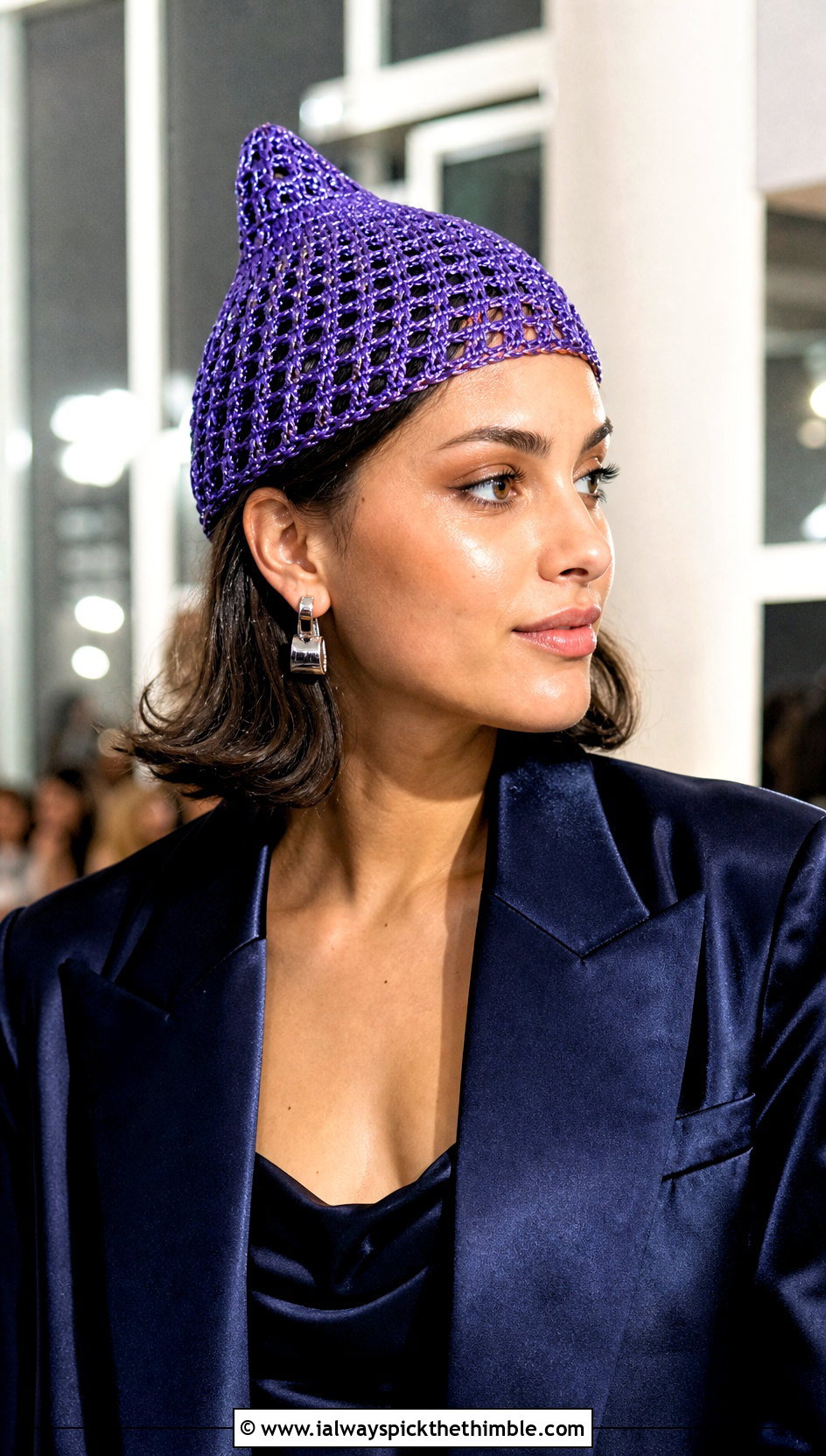 Metallic Pointed Crochet Cap With Satin Suit And Heels - 20 Pointed Crochet Hat outfit ideas