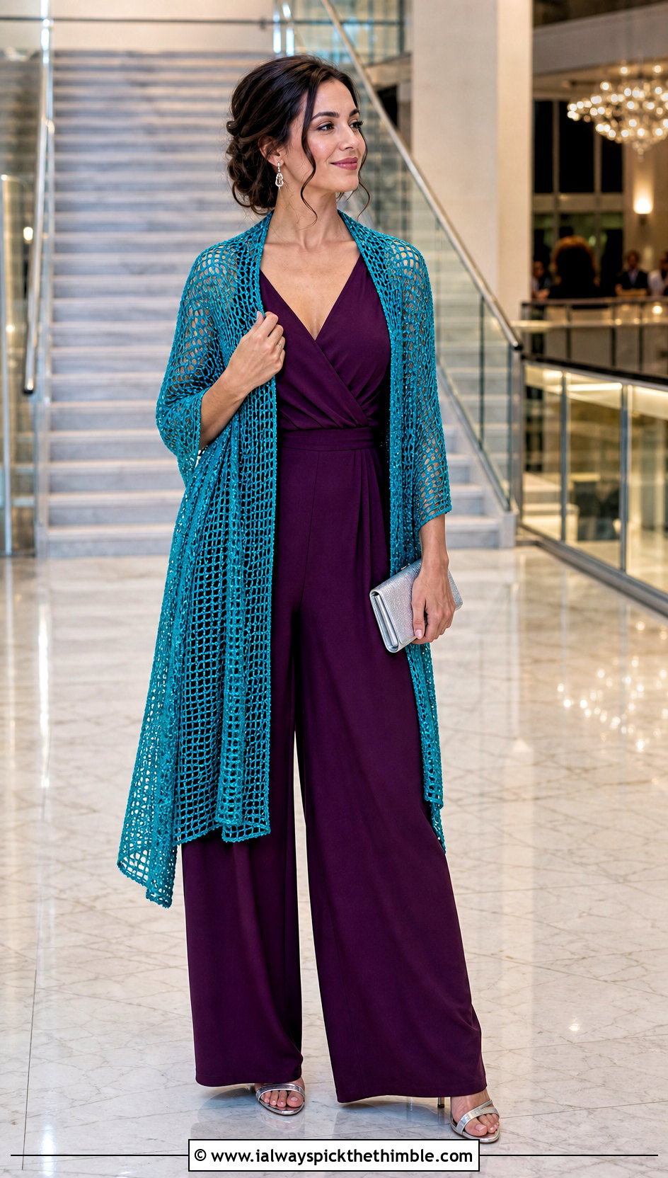 Metallic Rectangle Crochet Shawl With Evening Jumpsuit - 25 Crochet Rectangle Shawl outfit ideas