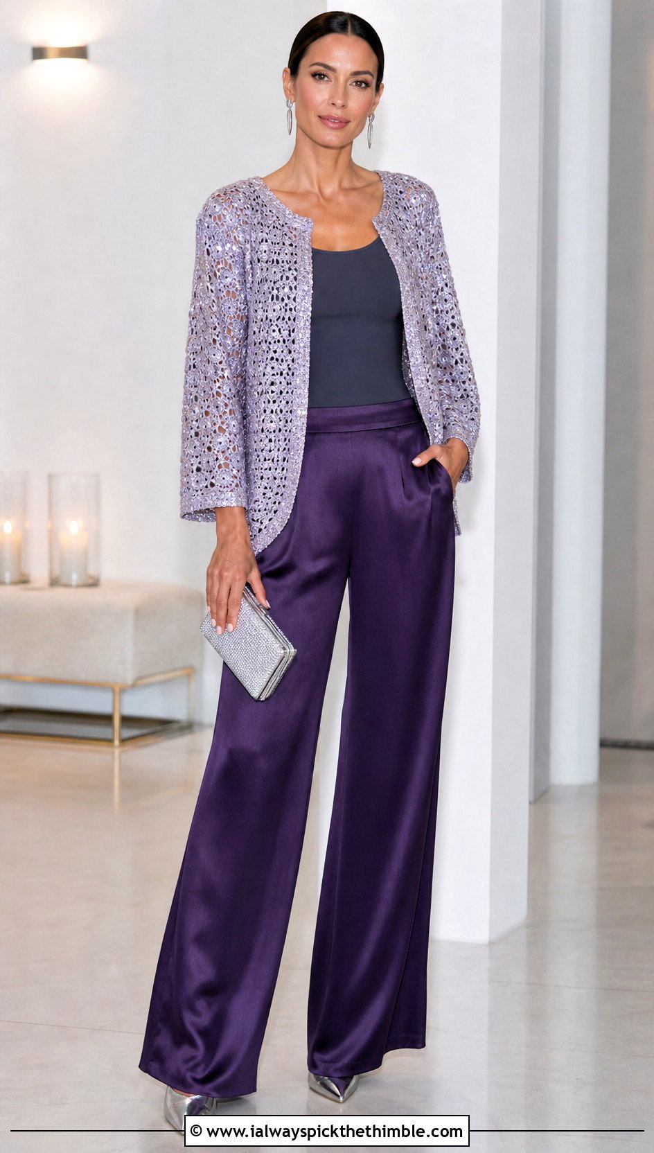 Metallic Round Crochet Cardigan With Satin Pants - 25 round crochet cardigan outfit ideas