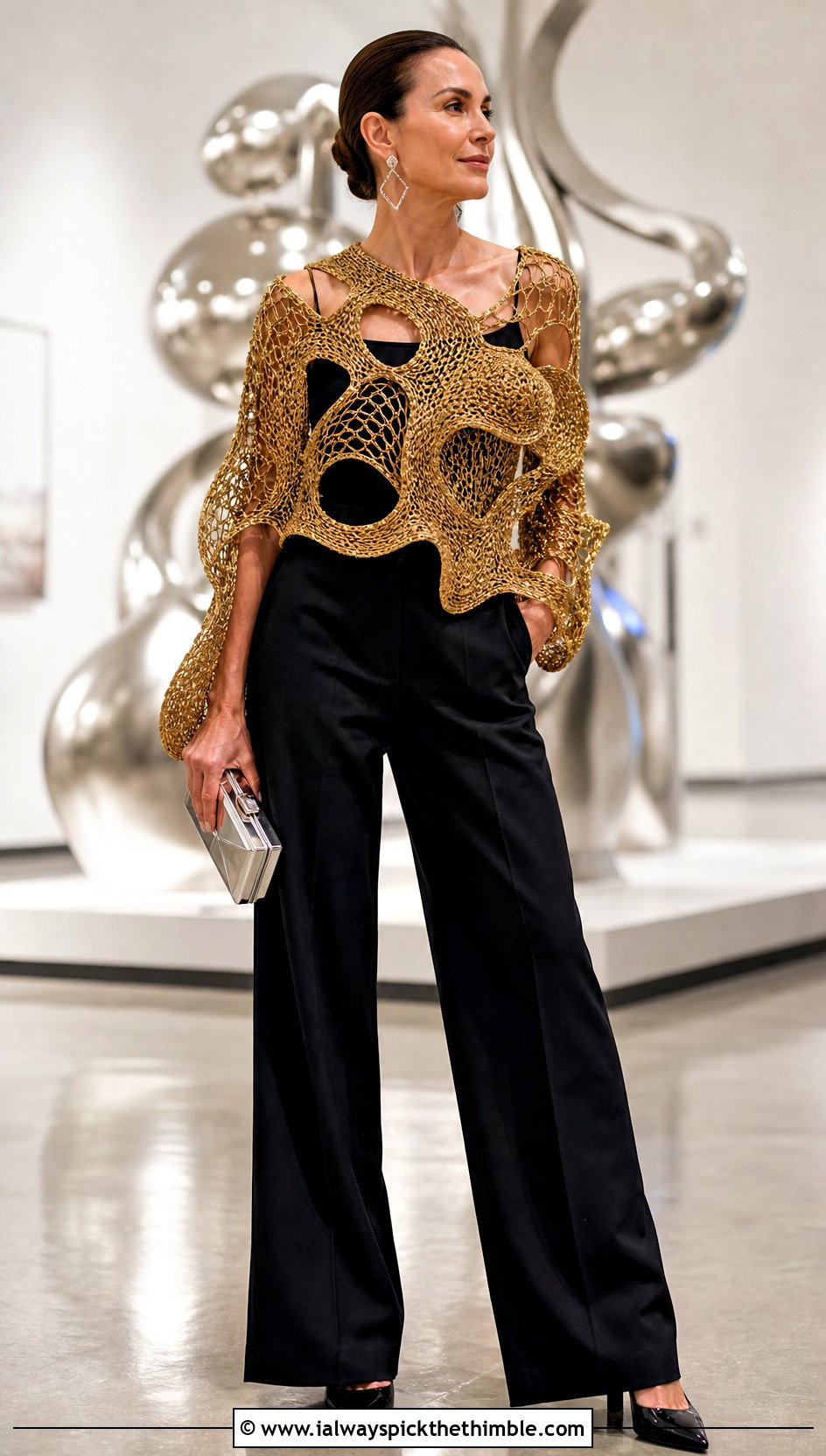 Metallic Sculptural Freeform Crochet Sweater With Tailored Black Pants - 15 Freeform Crochet Sweater Ideas