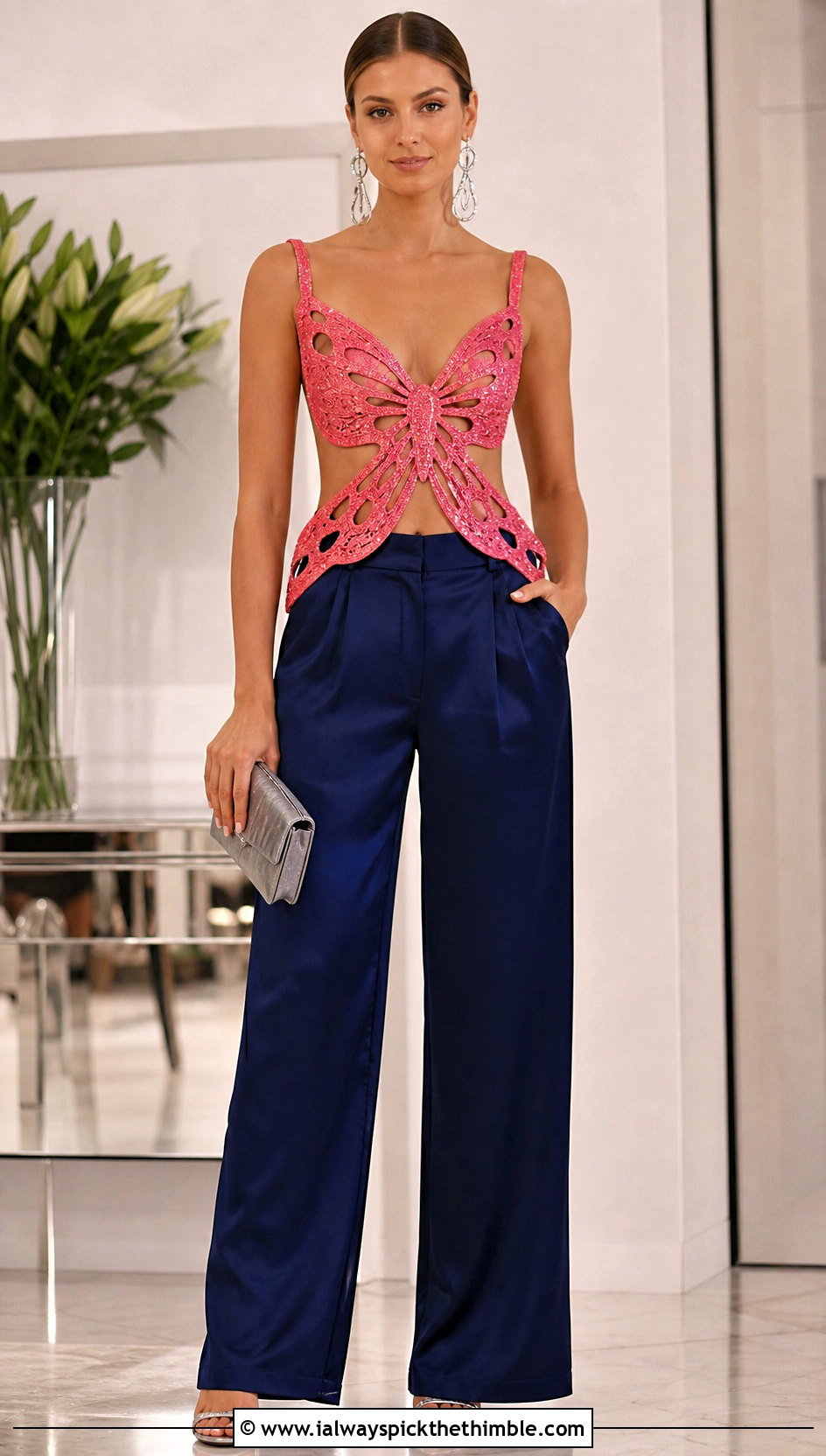 Metallic Thread Butterfly Top With Satin Trousers - 20 pink butterfly crochet top outfit ideas
