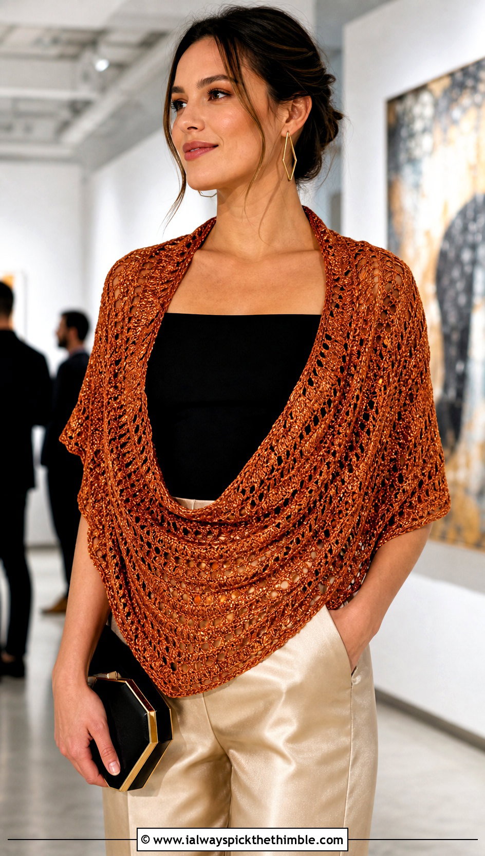 Metallic Thread Crescent Crochet Shawl With Satin Trousers - 20 Crescent Crochet Shawl outfit ideas