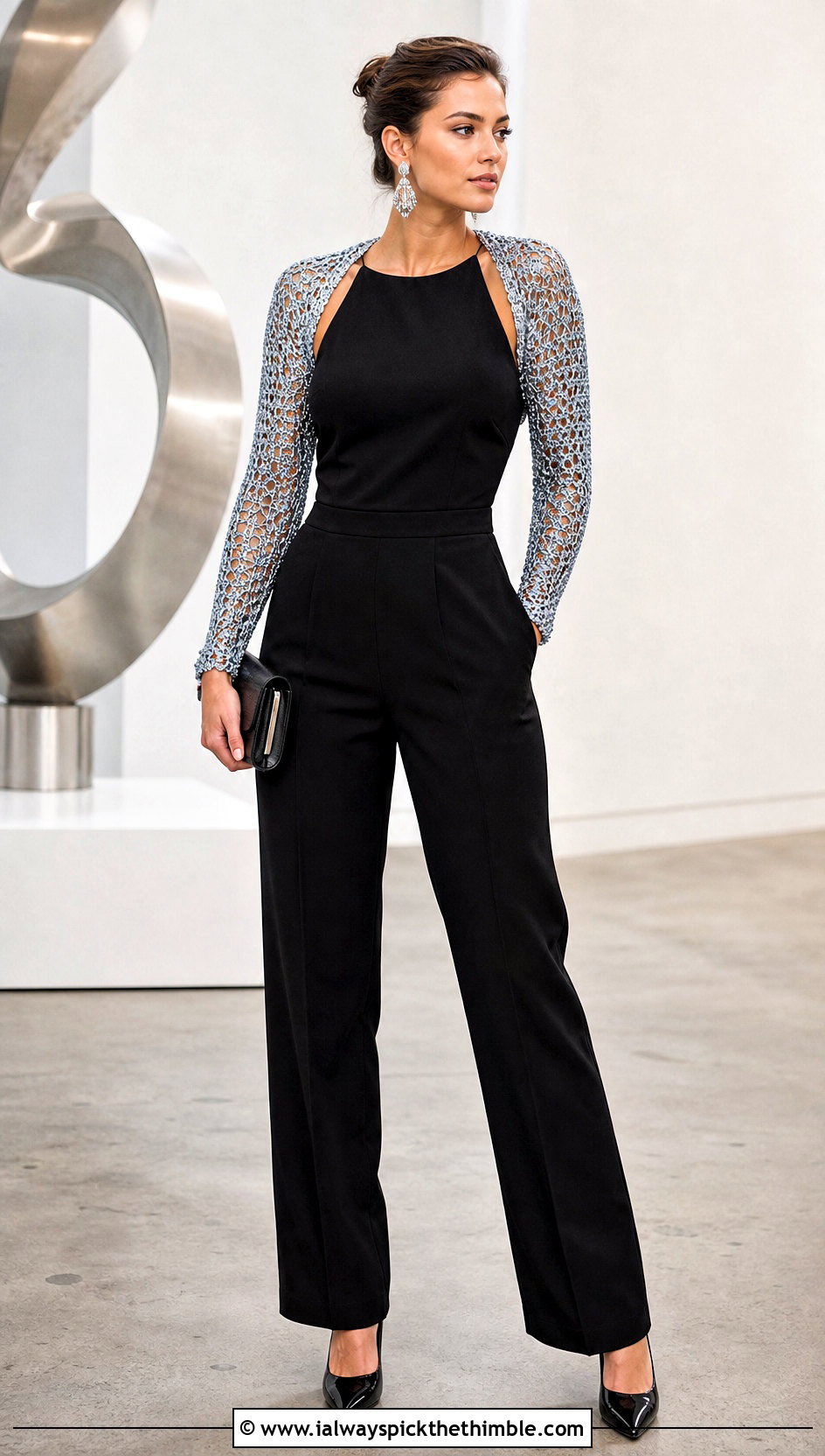 Metallic Thread Crochet Arm Shrug With Black Jumpsuit - 20 Crochet Arm Shrug outfit ideas