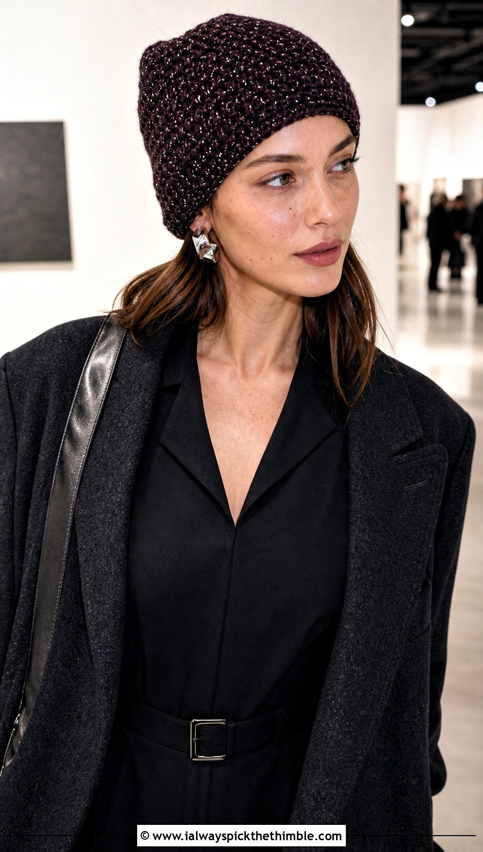 Metallic Thread Crochet Beanie With Evening Outfit - 25 crochet beanie outfit ideas